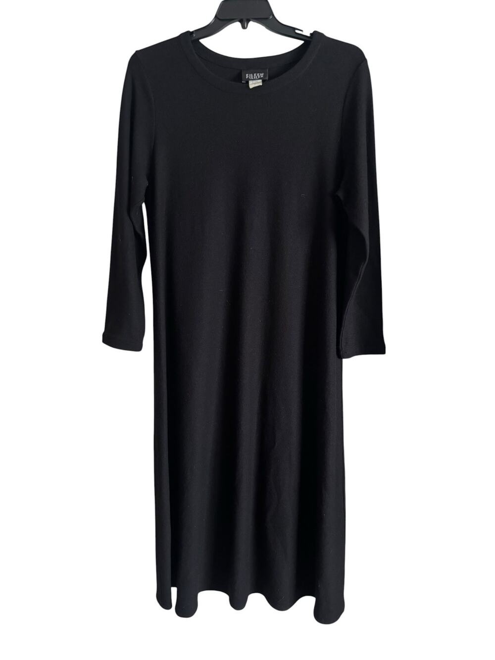 Eileen Fisher 100% Wool Black Maxi Shift Dress Long Sleeve USA Made Size Large